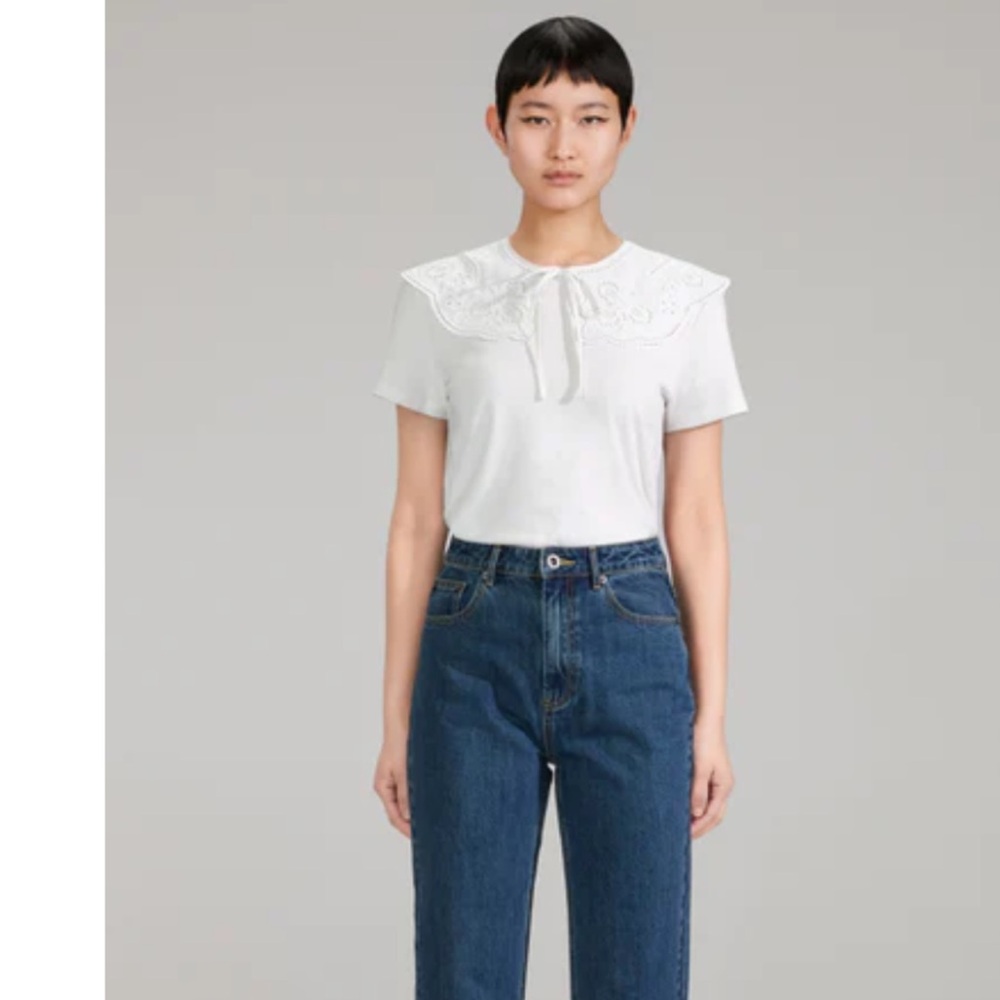 Self-Portrait WHITE BRODERIE COLLAR JERSEY T SHIRT